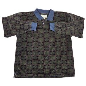 River Trader Mens Vintage 90s Geometric Diamond Polo Shirt Green Black Medium